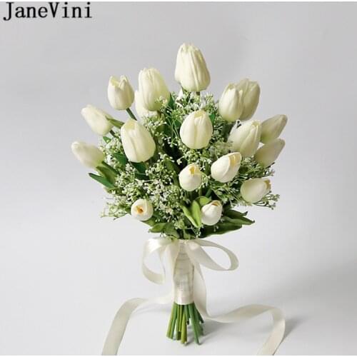 JaneVini Newest Design White Tulip Wedding Bouquet for Bride Artificial Flowers Real Touch Bridal Hand Bouquet Kwiaty Sztuczne