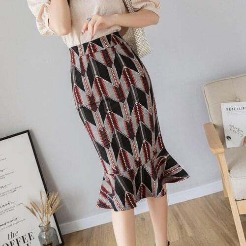 Fashion Women Vintage Printing Mermaid Skirt Slim Bodycon Skirt Office Wear Ruffles Ladies Work Pencil Elegant Skirts Large Size