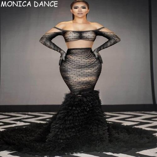 Women Sexy Stage Black Rhinestone Gloves Tail Dress Birthday Celebrate Bar Prom outfit Women Singer Dancer Party Show Dress
