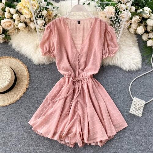 Teeuiear 2021 Boho button v neck Short sexy tie Jumpsuit Women Summer high waist overalls casual Playsuit Beach Holiday Romper