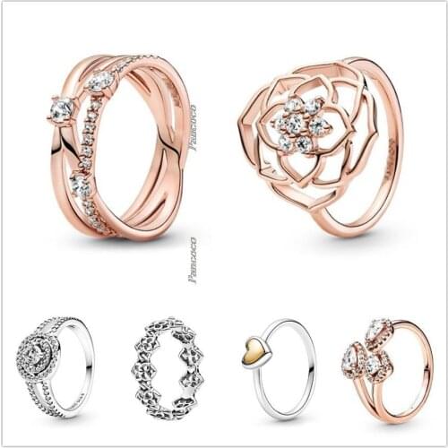 Original 925 Sterling Silver Two Tone Domed Golden Heart Rings For Women Wedding Party Gift Pandora Jewelry