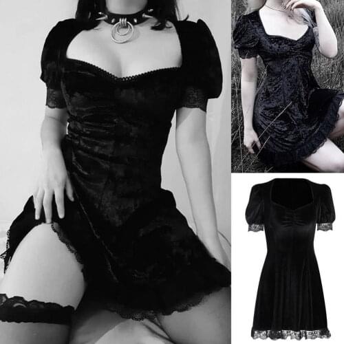Women Lace High Waist Puff Short Sleeve Square Neck Black Mini Dress for Party