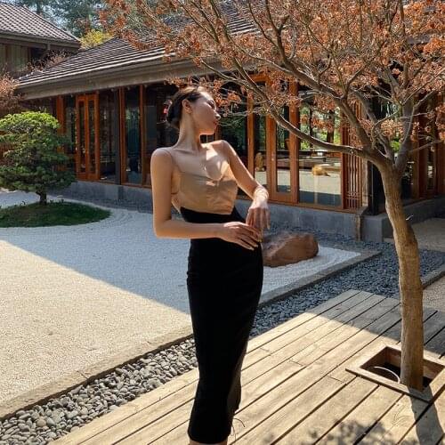 Black Stitching V-neck Strap Dress 2021 New Spring and Summer High-end Light Luxury Hepburn Skirt Women