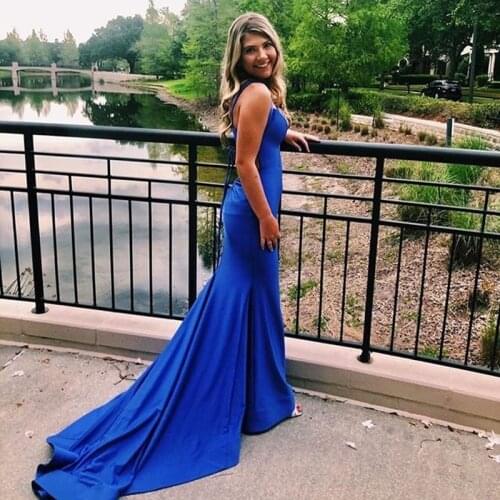 2020 Elegant Blue Prom Dress Mermaid Cut Out Open Back Evening Party Gowns with Train