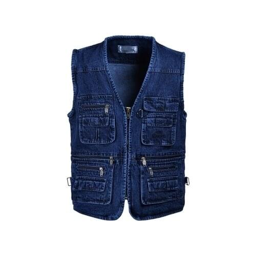 MENS Autunm casual Cotton Denim Vest coat for men jacket Multi Pocket Mens vest Blue XL- 5XL