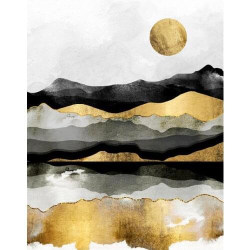 Gold Autumn Abstract Painting Wall Art Landscape Canvas Golden Forest River Moon Printing Pictures Living Room Poster Home Decor
