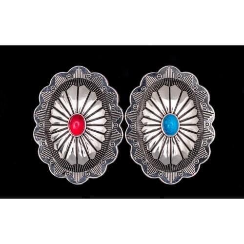 10pc Silver American Southeast Tribal Flower Style Turquoise Oval Concho For Belt Leathercraft Wallet Decor Screwback
