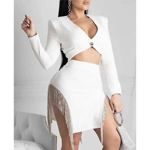 2020 New Fashion 2 Two Piece Sets Sexy Tassel Women Winter Long Sleeve Crop Top& Mini Skirt Club Celebrity Runway Party Set