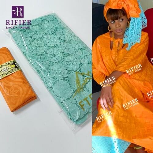 Orange And Green 2021 Top Quality Bazin Riche Gextczer And Guipure Dry Lace For Gambia Women Party Dresses Bazin Riche Laces
