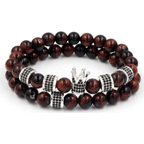 8mm 2PCS/Lot td4234 gold silver Copper cz zircon cubic zirconia elastic crown red Prayer Buddha Yoga Tigereye Bracelet Bangles