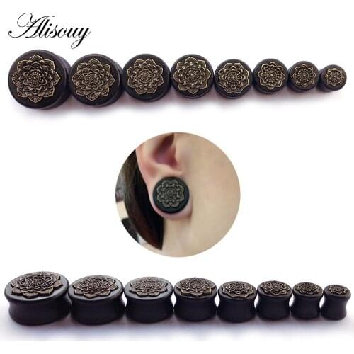 Alisouy 1 pair Natural Wood Mandala Flower Ear Plugs Tunnel jewelry Ear Expandars Earrings Piercing Plug Ears Body Jewelry