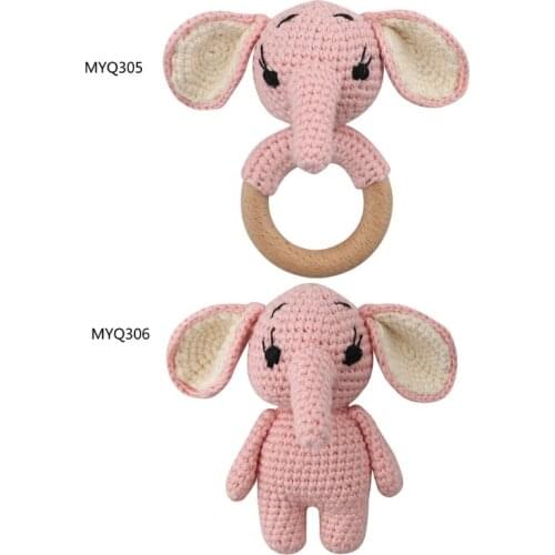 Baby Wooden Teether Ring DIY Crochet Elephant Rattle Soother Bracelet Teething Molar Newborn Pram Toy