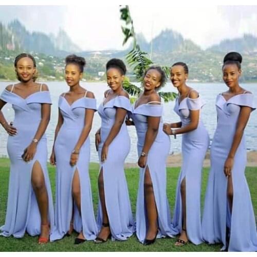 Long V-Neck Mermaid Satin Bridesmaid Dresses with Slit Floor Length Corset Back Light Blue Brautkleider Robes de Soirée for Lady