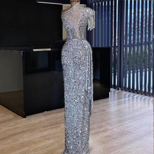 Arabic Silver Sparkly Prom Dresses 2021 Long Elegant Cocktail Party Dresses For Women Simple Turkish Couture Vestidos Formales