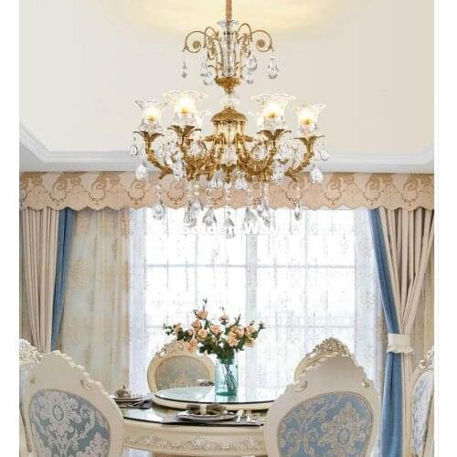 European Copper Color Chandelier Fixture 100% Copper Luxurious Crystal Chandelier Lights Living Room Dining Room Home Decoration