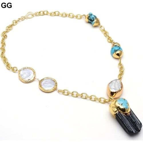 GuaiGuai Jewelry Natural White Coin Pearl Keshi Pearl Blue Turquoises Chain Statement Necklace Black Tourmalines Rough Pendant
