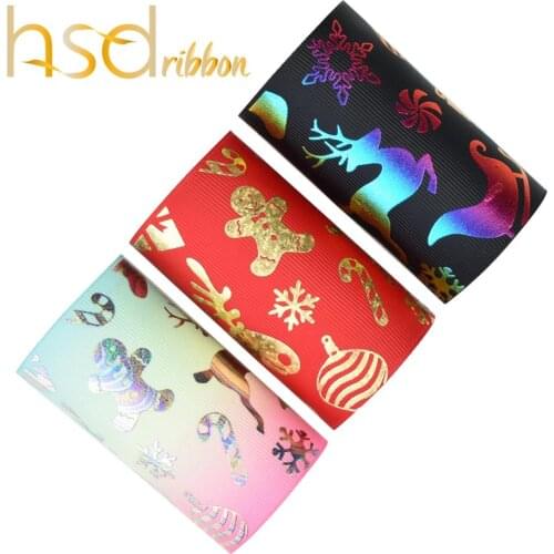 HSDRibbon 75mm 3inch Christmas laser gold foil Silver iridescence foil on HT and Red Black Grosgrain Ribbon