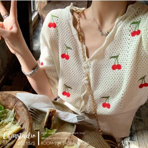 Summer Sweet Knitted Tops Women Elegant Embroidery Cherry Cardigan V-neck Short Sleeve Korean Cardigan Coat 2021
