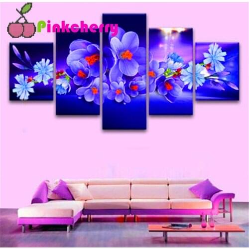 5 Panel diamond mosaic floral art Blue Orchid cross stitch 3d embroidery diamond painting Full square round Drill k1159