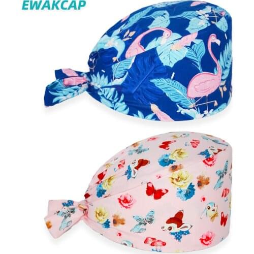 New Surgical Cap Anime Printing Nurses Doctors Tie back Bouffant Hat Dustproof Hats Cotton Hospital Lab Vet Pet Staff Scrubs Cap