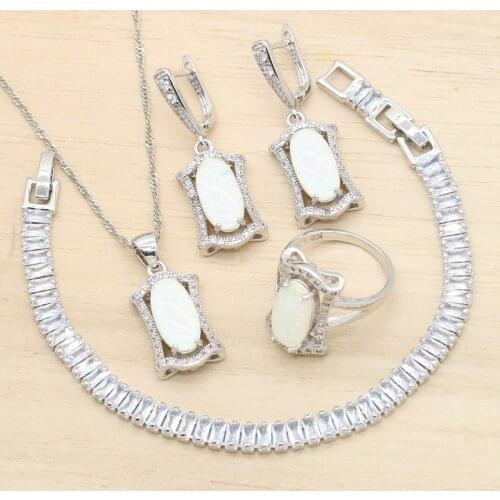 Opal Silver Color Jewelry Sets For Women White Cubic Zircon Earrings Pendant Necklace Bracelet Ring Wedding Christmas Gift 4PCS