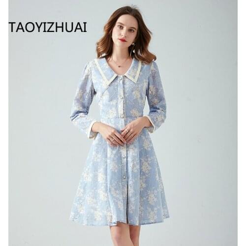 Taoyizhuai brand new doll collar floral dress French aging temperament close waist slim A-Line high waist lace skirt