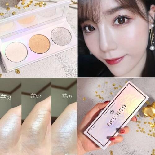 GUICAMI Highlighter Powder Palette Shimmer Face Contouring Highlight Face Bronzer Makeup 3 Colors Highlighter Brighten Skin