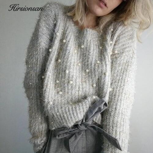 Hirsionsan Pearls beading Sweater Women 2019 Autumn Winter Shiny Lurex Knitted Women Pullovers Casual Thicken Warm Pull Femme