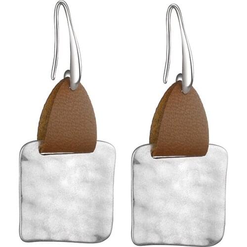 ZWPON 2020 Leather Geometric Square Dangle Earrings Fashion Jewelry Hammered Irregularity Copper Hook Statement Earrings
