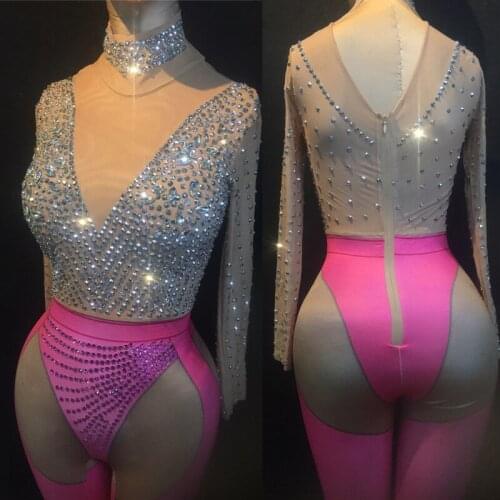 Mesh Glisten Silver Rhinestones Jumpsuit Women Birthday Celebrate Stretch Pink Leggings Female Singer Bodysuit Outfit XS2634