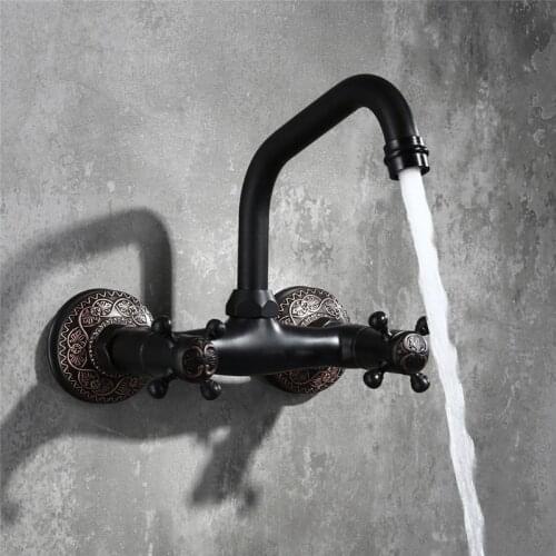 Bathroom Basin Faucets Brass Balck Oil Brushed Carved Dual Handle In-Wall Hot & Cold Sink Mixer Tap Rotate Kitchen Sink Faucet