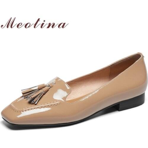 Meotina Flats Shoes Genuine Leather Women Shoes Fringe Square Toe Casual Footwear Cow Leather Slip On Ladies Shoes Red Spring