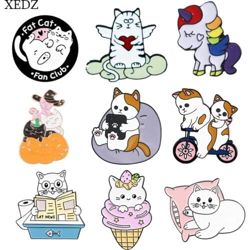 XEDZ Cartoon cute couple cats riding bicycles watch TV angel witch enamel brooch fashion animal icecream book badge jewelry gift