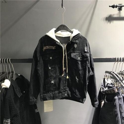 Korean Leisure Hole Denim Jacket Womens 2021 Spring Autumn New Fashion Loose Embroidery All-Match Hooded Cowboy Coat Female Tide