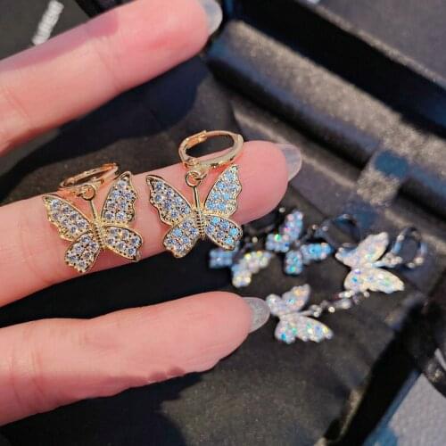 Female Cute Small Butterfly Hoop Earrings White Zircon Full Stone Earrings Minimalist Black Gold Silver Color Earrings For Women