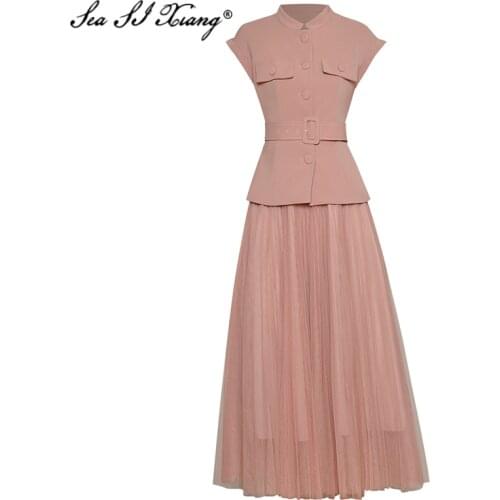 Seasixiang Fashion Designer Summer Suit Women Stand Collar Single Breasted Sashes Coat + Mesh Long Skirt Two Piece Set