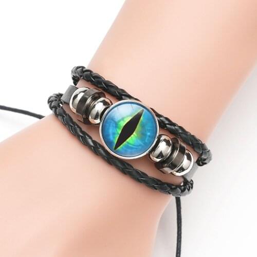 10PC Dragon Eyes Silver Plated Choker Bracelet Men Women Black Leather Bracelet Handmade Charms Fashion Accessories Jewelry Gift