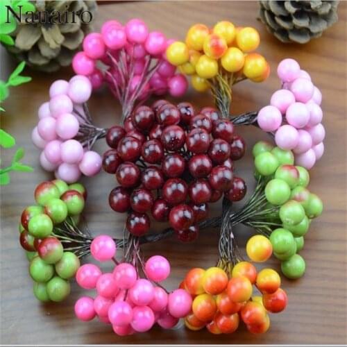 200pcs/400Heads Small Fake Fruit Berries Christmas Flower Red Cherry Stamen Pearl Wedding Mini Simulation Pomegranate Decoration
