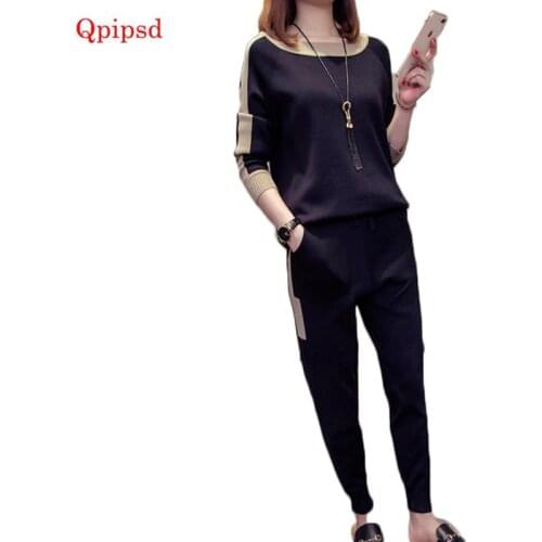 4XL Knitting Suit Female 2021 Spring Autumn New 2 Pieces Knitswear Suit Set Womens Large Size Loose Knit Suit Women Pants Sets