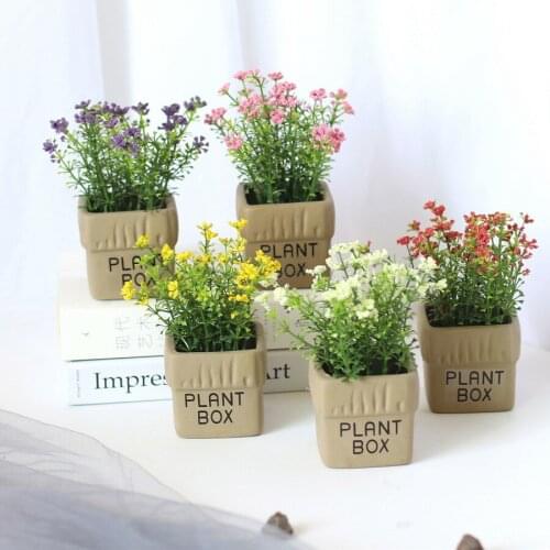6Pcs/lot Gypsophila Simulation Potted Plant Small Bonsai Set Fake Flower Mini Ceramics Pot Plant Craft Decor Ornaments