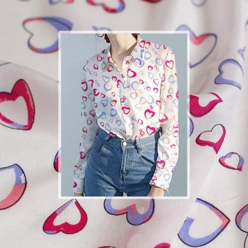 White waxberry12momme Blue Hearts Printed Silk Crepe de chine 100%Silk Materials Women Dress Shirt Cloth Tailor Freeshipping