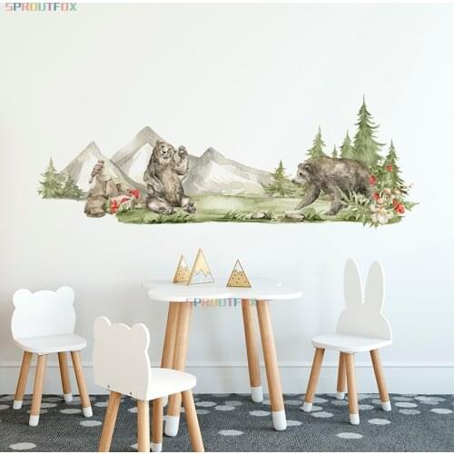 Large Animal Brown Bear Wall Stickers for Kids Rooms Wallpaper Forest Animal Tree Green Mountain Home Vinyl Decoration