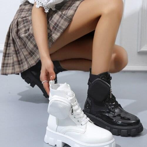 Female Black White Punk Ankle Platform Solid Good Quality Martin Boots Women Lace Up Chunky Heel Belt Buckle Pocket 2021 Shoes