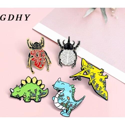 GDHY Dinosaur Insects Enamel Pins Organ brain heart Beetles Stegosaurus Pterosaur Brooches Badge Forest Jewelry Gift for Kids