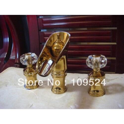 EMS(DHL)Free shipping PVD GOLD WIDESPREAD LAVATORY BATHROOM SINK FAUCET crystal handles knobs faucet