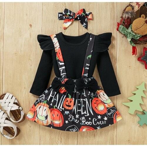 New Girl’s Skirt Clothes Set Three Piece Suit Casual Long Sleeve T-shirt and Pumpkin Print Suspender Skirt with Headband