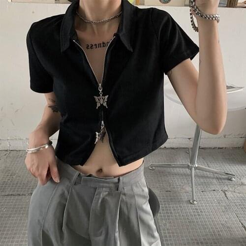 T-shirt Women Harajuku Short Sleeve Butterfly Zipper Summer Clothes Streetwear Turndown Collar Black Female Tee Tops Ropa Mujer