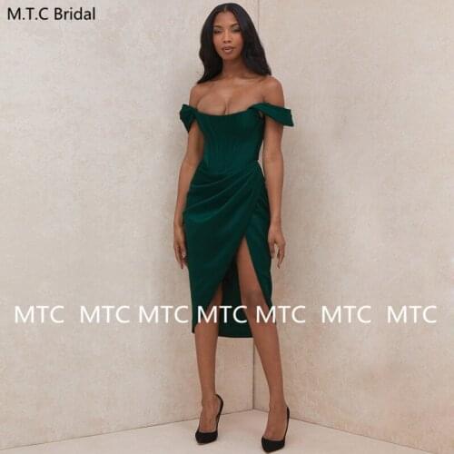 Emerald Green Short Sexy Prom Dresses Off The Shoulder Sheath Pleats Satin 2021 Black Girls Wedding Party Gowns For Prom