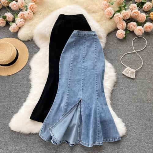 Classic Medium Long Retro High Waist Denim Skirts Chic Slit Ruffled Mermaid Jeans Skirts