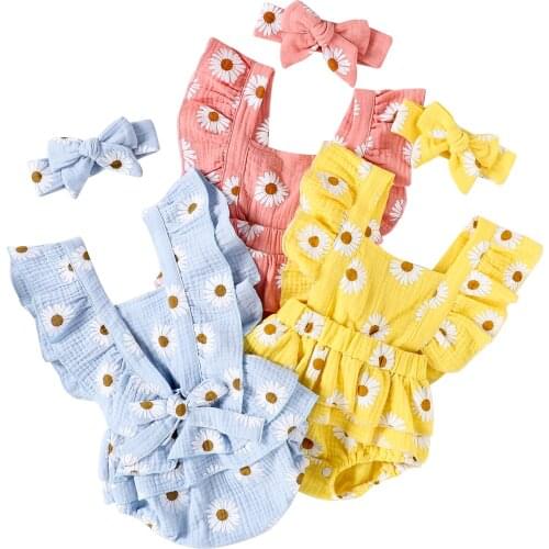 Infant Newborn Baby Girls Two-piece Clothes Set Daisy Floral Printed Pattern Sleeveless Romper + Headdress, Pink/ Yellow/ Blue